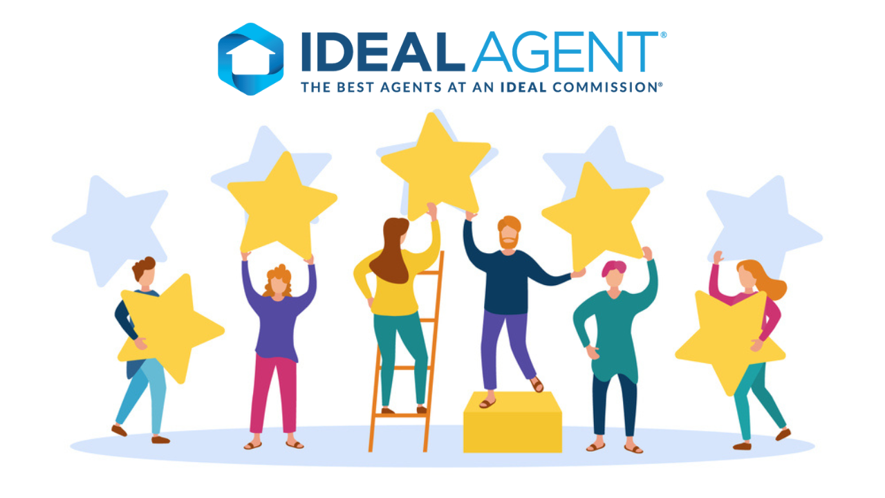 Illustration of people holding stars with Ideal Agent's logo