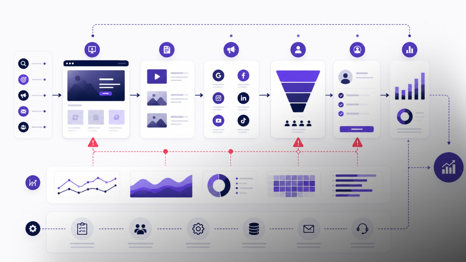 Diagrama conecta os componentes da presença digital e destaca gargalos entre canais, dados e operação.