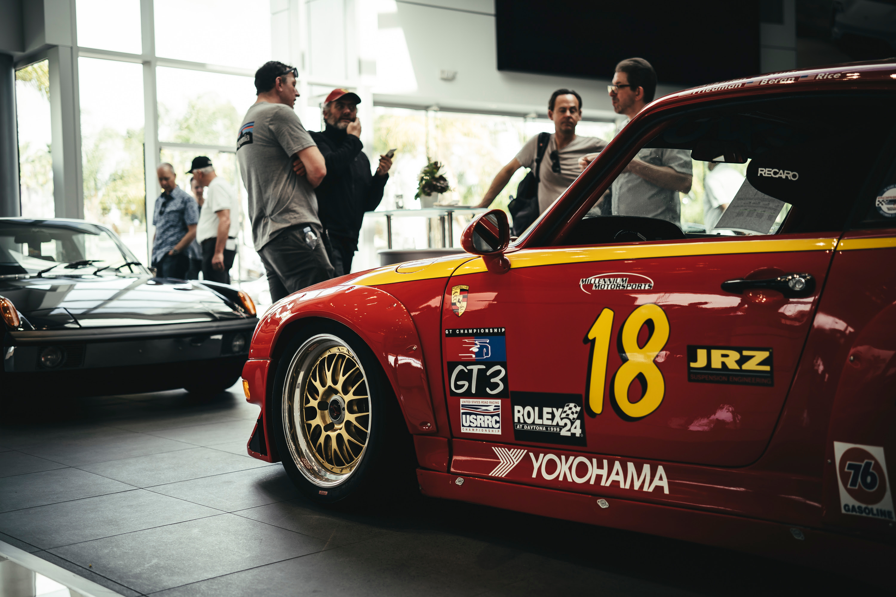 A red 993 GT3 race car at South Bay Porsche.