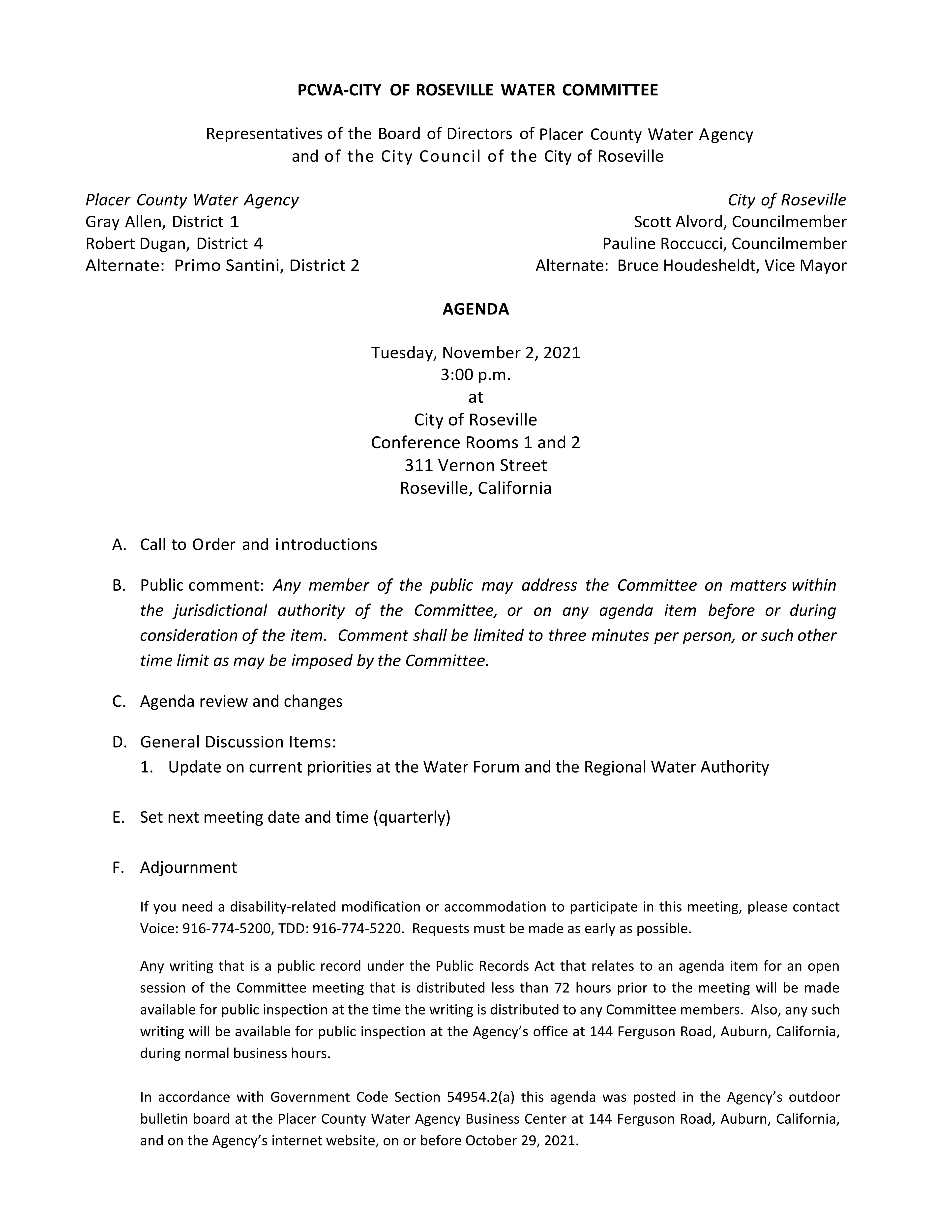 Board Agendas document image for 2021-11-02-PCWA-City-of-Roseville-Water-Committee-Agenda - page 1/1