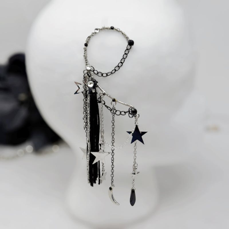 Black Fringe Star Charm ear cuff, no piercing - alternate view