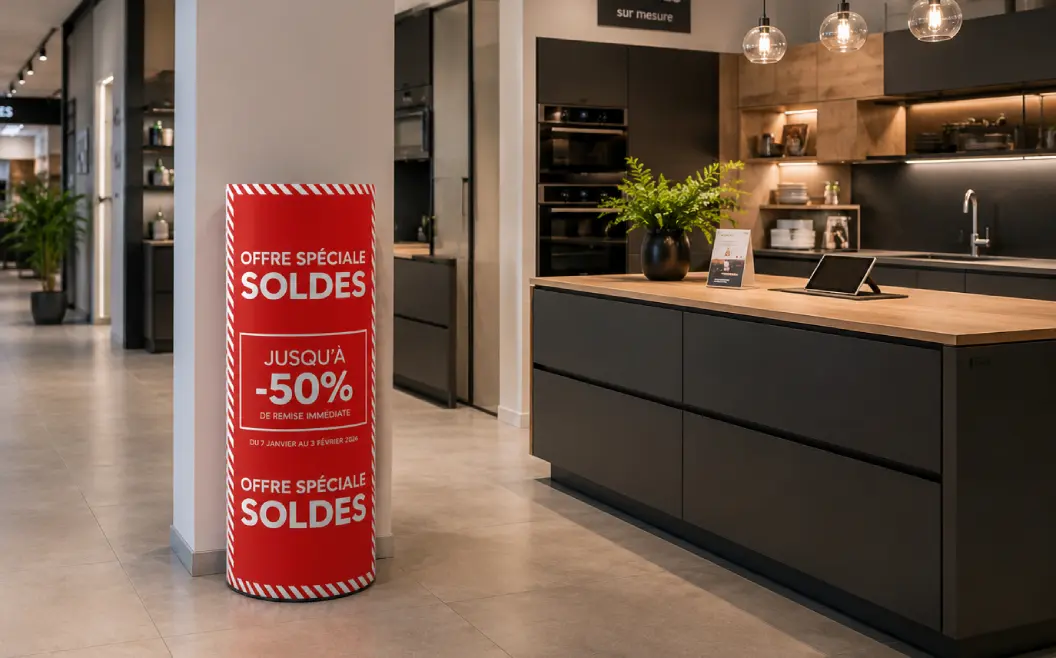 Totem elliptique carton MH Cuisines en showroom – campagne janvier