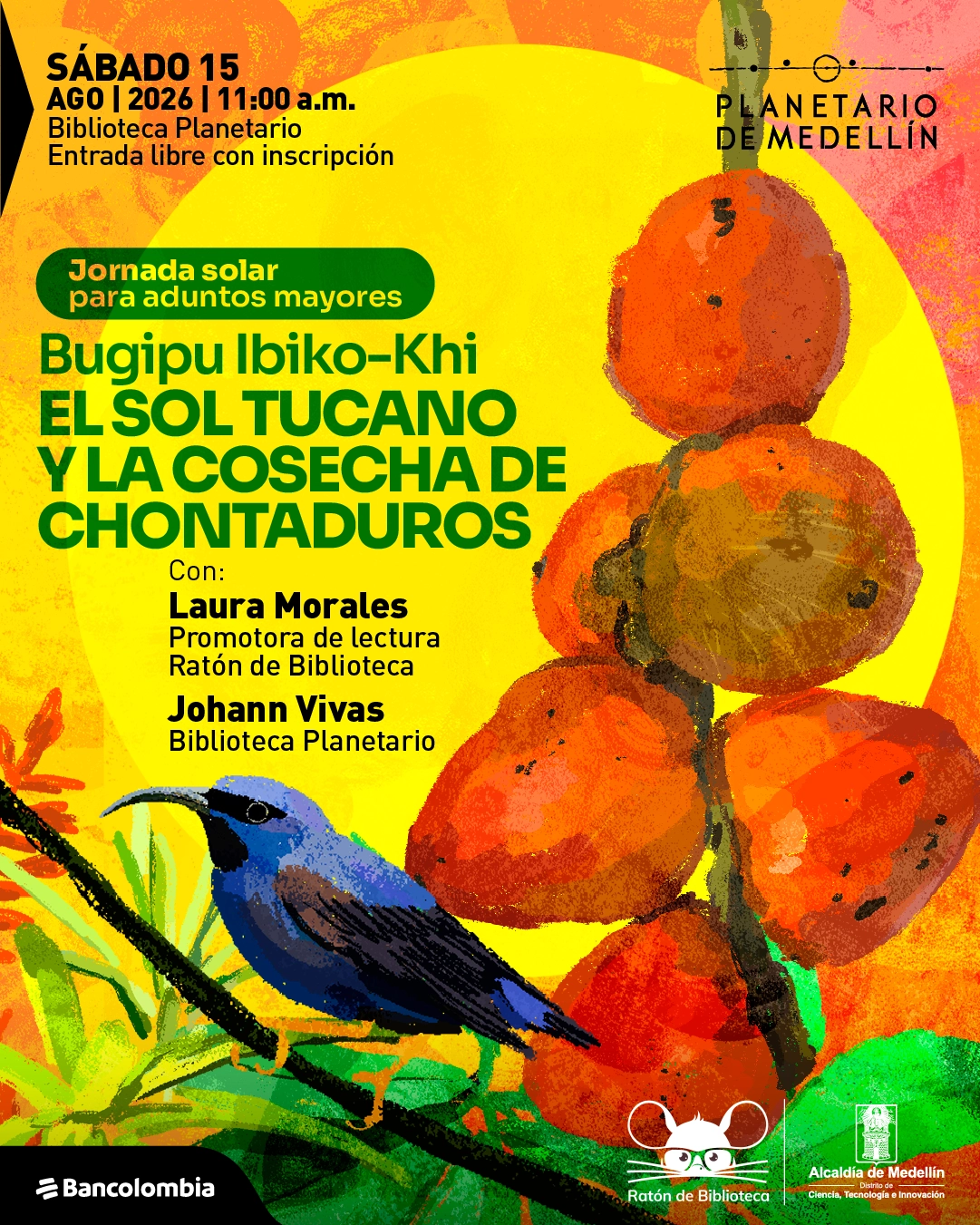 Ilustración con fondo amarillo intenso, frutos redondos anaranjados y un ave posada sobre una rama. En la parte superior izquierda: «Sábado quince de agosto de dos mil veintiséis a las once de la mañana. Biblioteca Planetario. Entrada libre con inscripción». Al centro: «Jornada solar para adultos mayores». Luego: «Bugipu Ibiko-Khi. El sol tucano y la cosecha de chontaduros». Más abajo: «Con: Laura Morales. Promotora de lectura. Ratón de Biblioteca. Johann Vivas. Biblioteca Planetario».