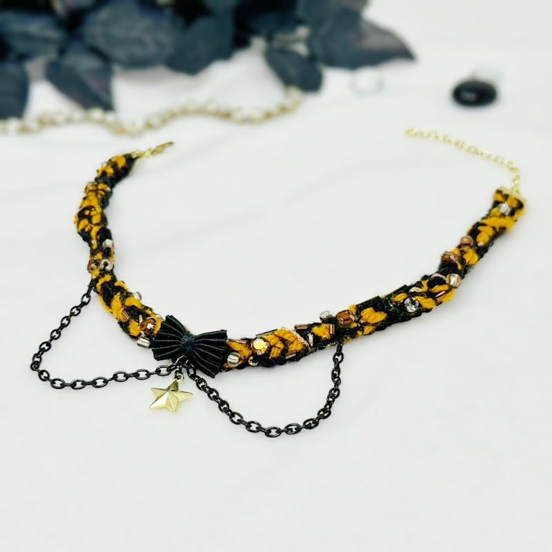 Black and Orange Thin Choker with Black Bow and Chains, Halloween Necklace - alternate view