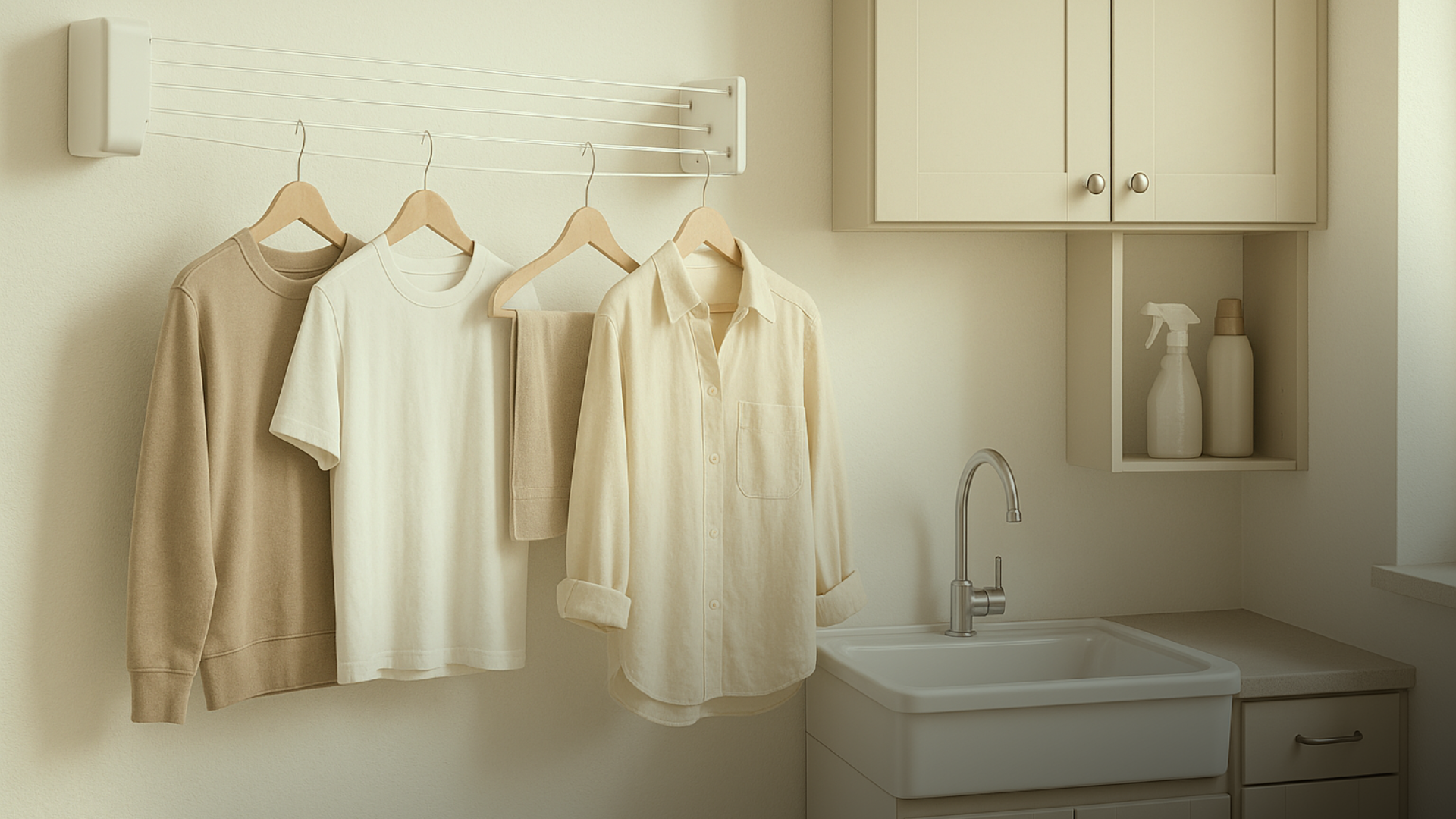 Lavanderia pequena com varal de parede retrátil fechado e aberto, em ambiente claro e organizado