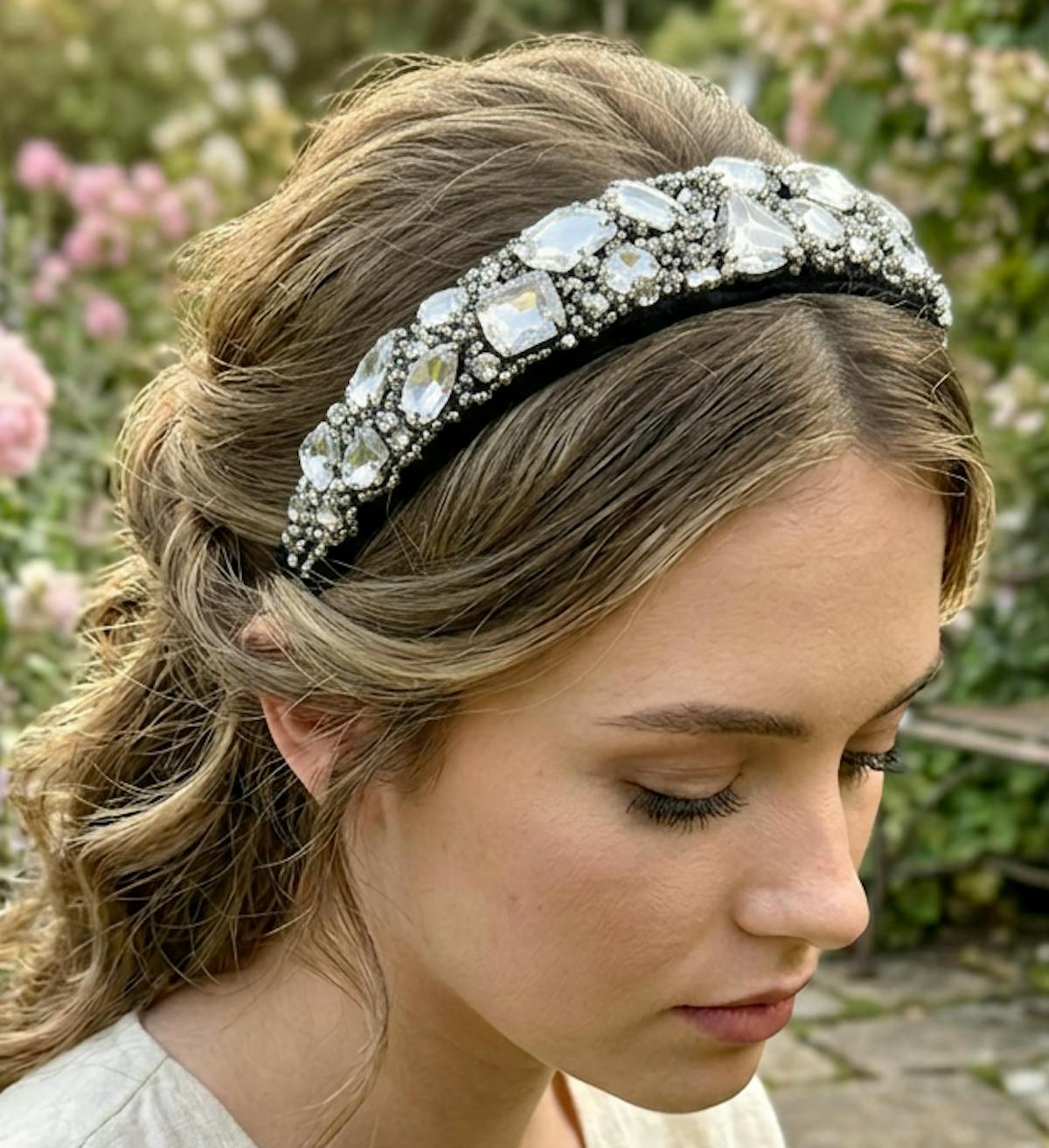 Crystal Rhinestone Headband one of a kind bedazzled headband with black lace covered base.