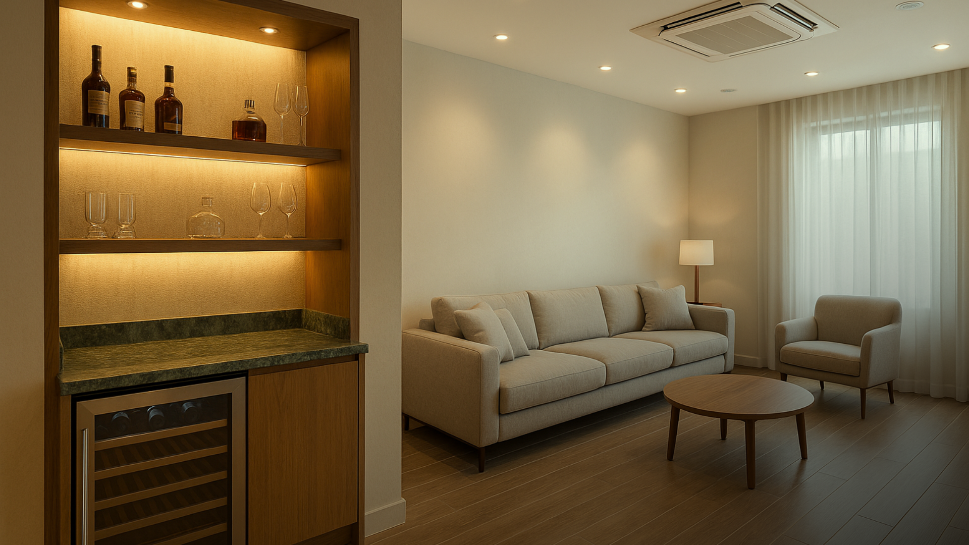 Sala de estar integrada com jantar, porcelanato amadeirado, luminária de destaque, som no teto e ar-condicionado cassete embutido