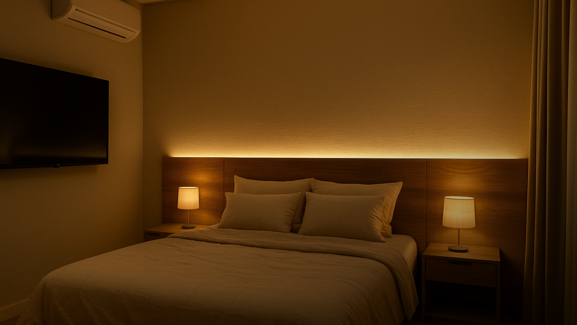 Quarto de casal com cabeceira de marcenaria, LED embutido e papel de parede em textura linho, piso vinílico e painel para TV