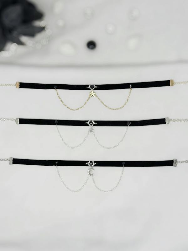 CUSTOM thin black velvet choker with celestial charms, chains and rhinestones