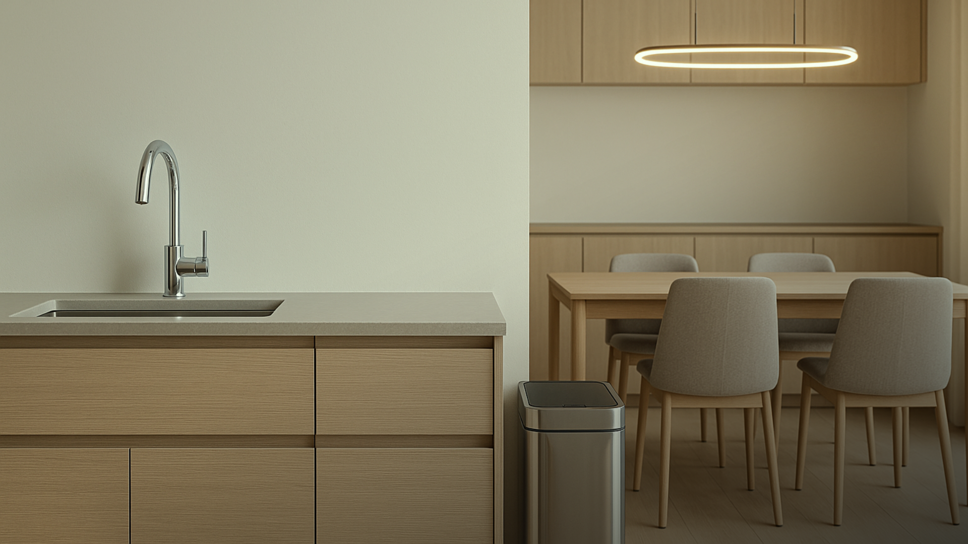 Sala de jantar integrada à cozinha com lustre em LED moderno acima da mesa, luz em tom quente e ambiente aconchegante