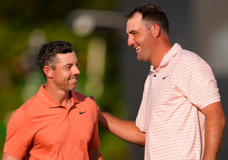 Rory McIlroy and Scottie Scheffler share a laugh ahead of the 2025 Masters Tournament at Augusta National.