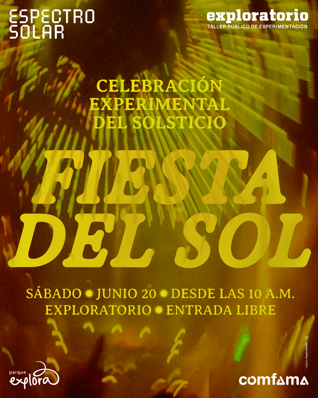 Afiche. Sobre una imagen abstracta con líneas luminosas radiales, destellos y zonas desenfocadas, al centro hay un texto que dice: «Celebración experimental del solsticio. Fiesta del sol». En la parte inferior dice: «Sábado 20 de junio desde las diez de la mañana. Entrada libre».