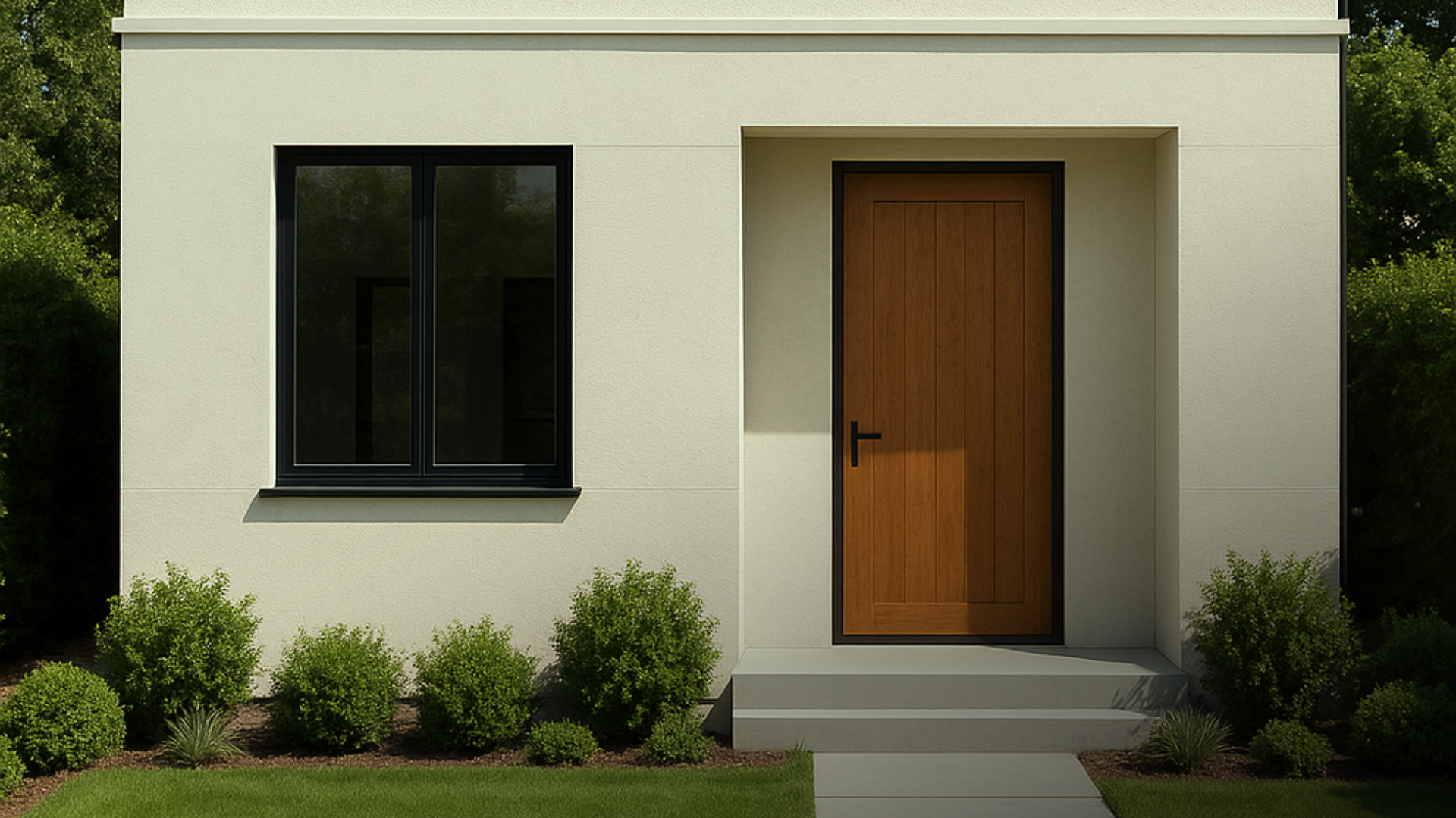 Fachada moderna em tons neutros com detalhes em madeira