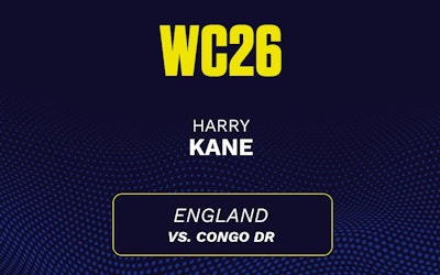 Harry Kane's predicted stats vs. Congo DR, including anytime goal projection