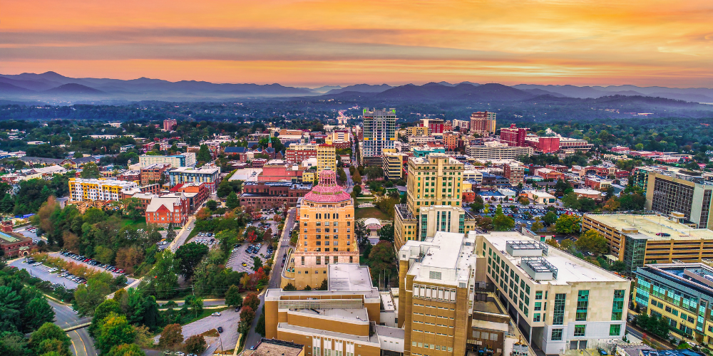 Image of the Asheville, North Carolina skyline at sunset