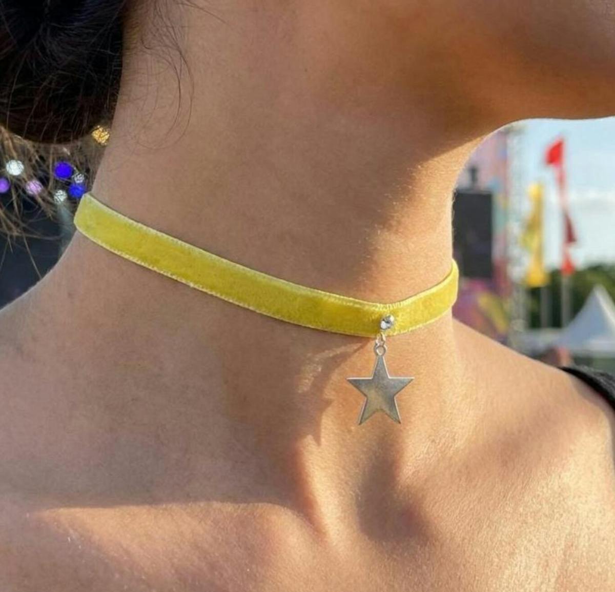 Thin Yellow Velvet Choker Necklace with star charm and rhinestone