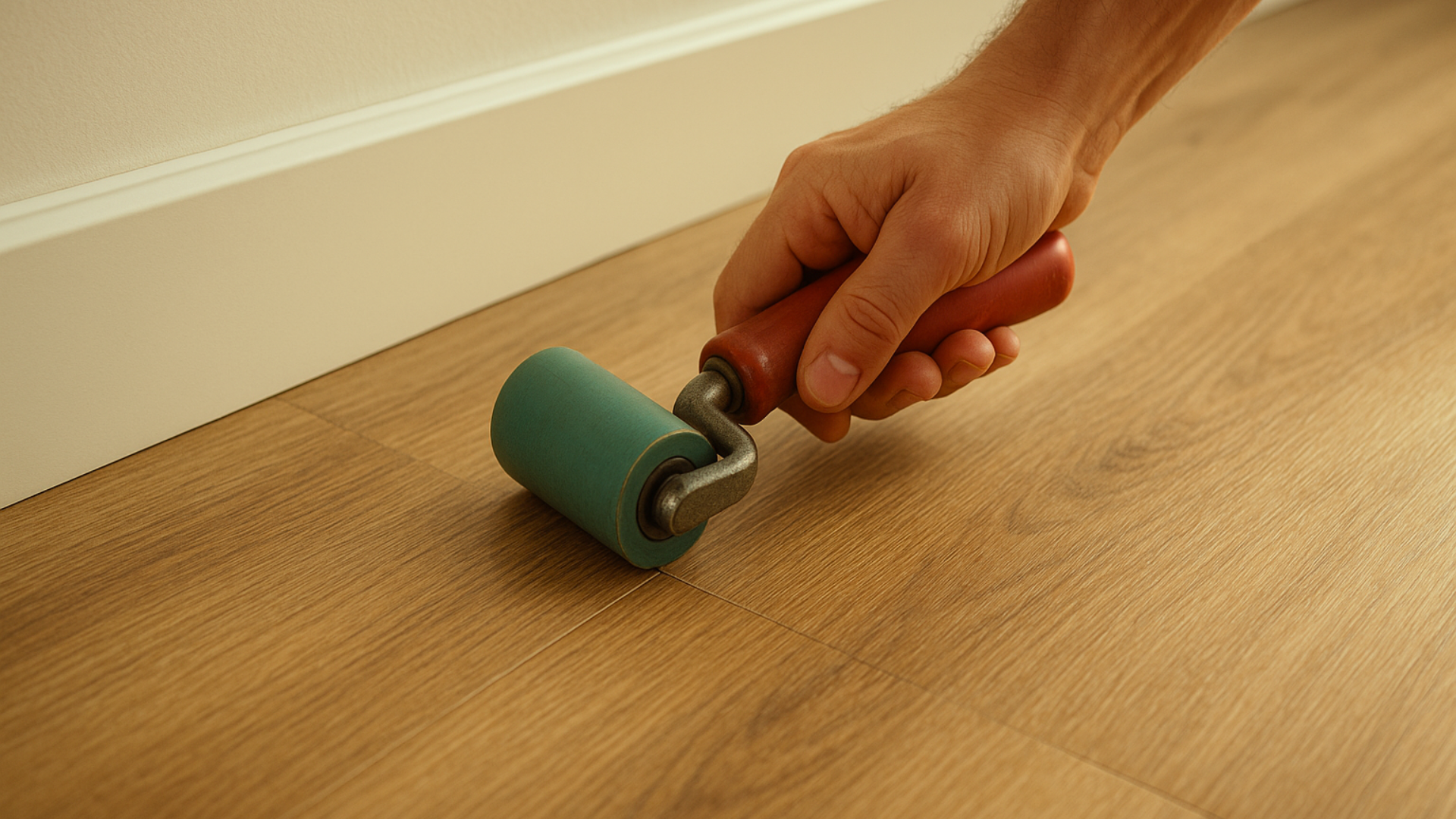 Acabamento final do piso vinílico: rolo de borracha removendo bolhas, rodapé alinhado e transição limpa entre ambientes