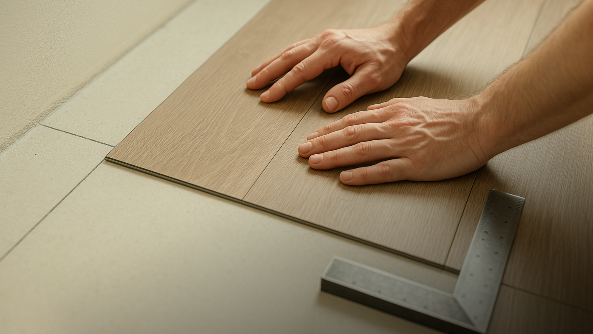 Assentamento de régua vinílica com paginação reta: mão alinhando a peça ao eixo, subpiso limpo e cortes precisos