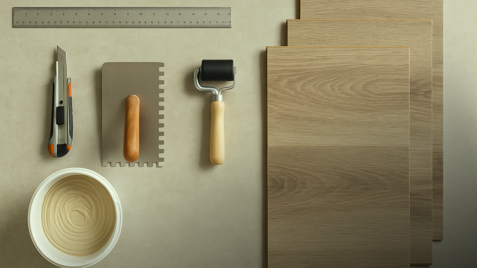 Mesa de trabalho com piso vinílico em réguas, régua de aço, estilete, espátula dentada, cola e rolo de borracha organizados