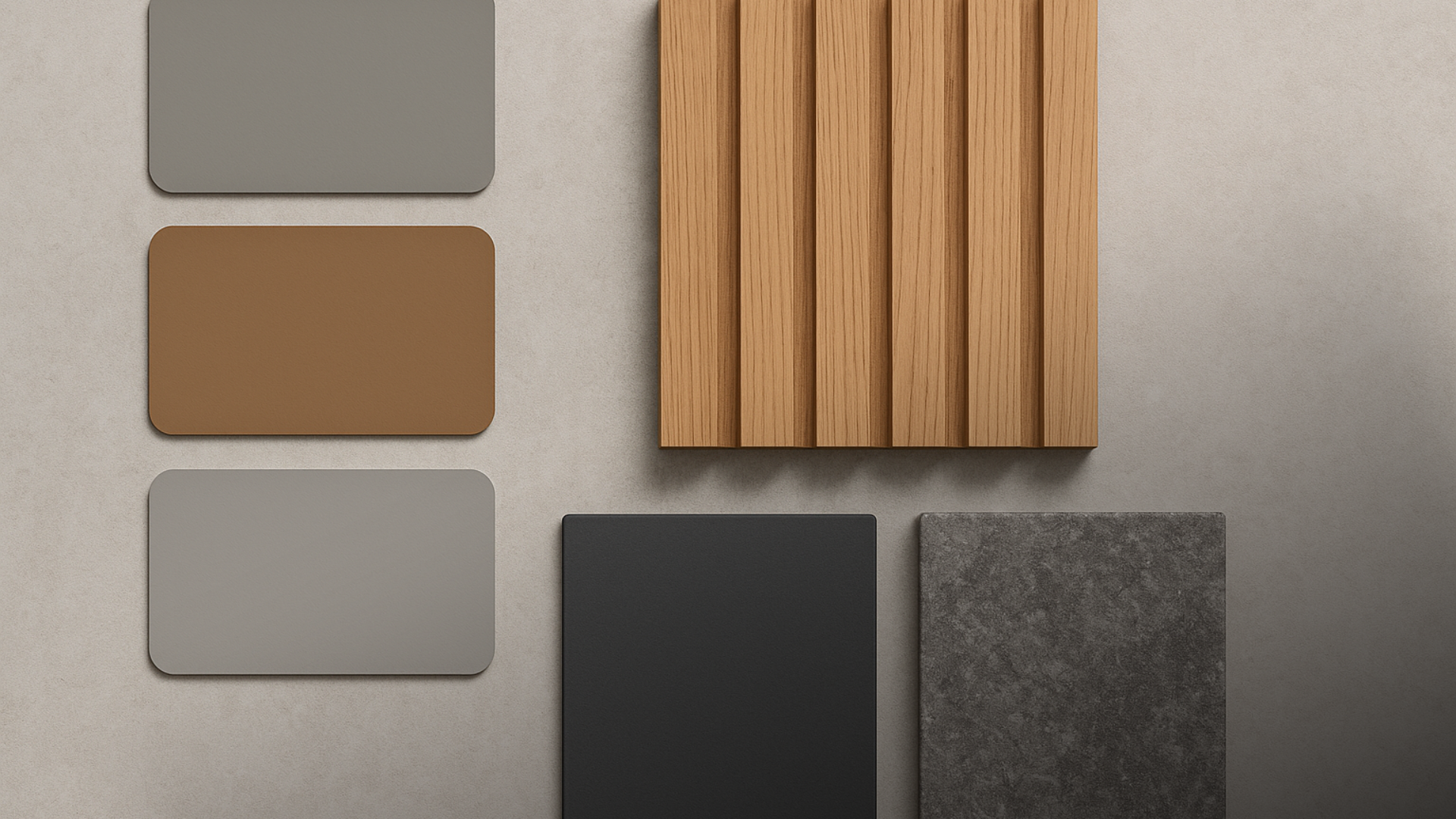 Prancha de materiais com amostras de cinza, marrom, ripado e metal grafite.