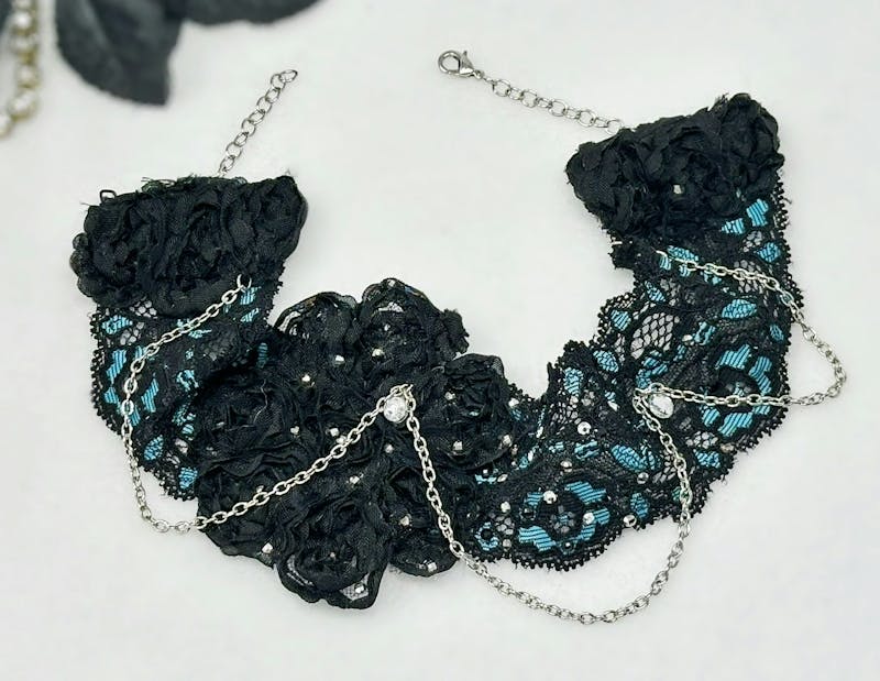 Blue and Black Floral Lace collar necklace - alternate view