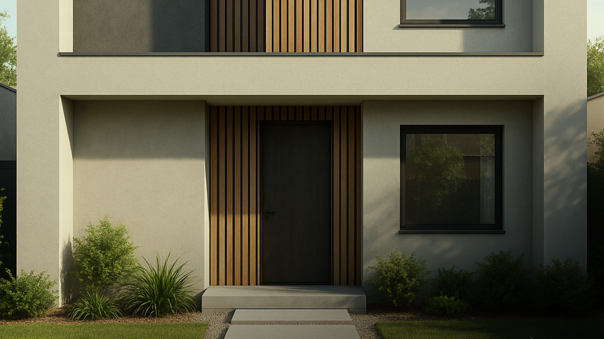 Fachada moderna em tons de cinza com detalhes em madeira.