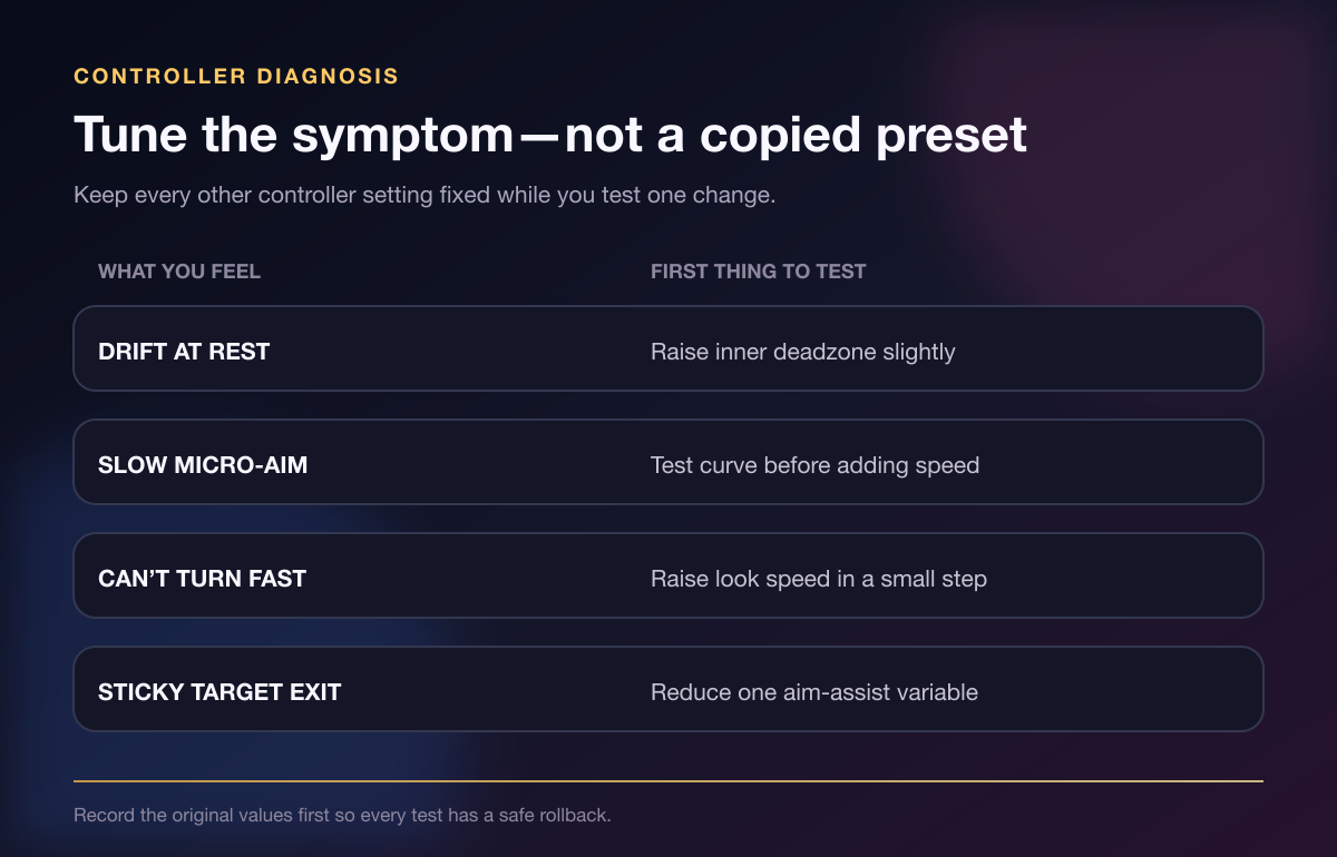 Marvel Rivals controller sensitivity diagnosis for drift, micro-aim, turns, and aim assist