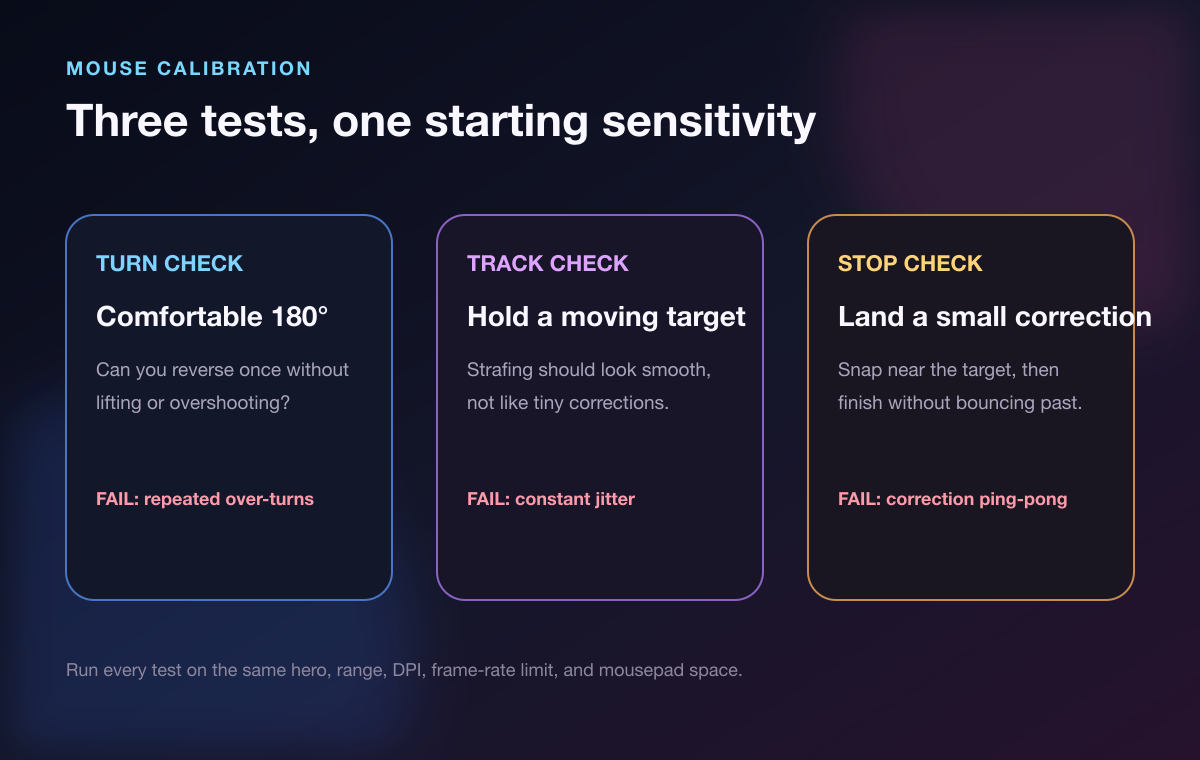 Three Marvel Rivals mouse sensitivity tests for turning, tracking, and stopping