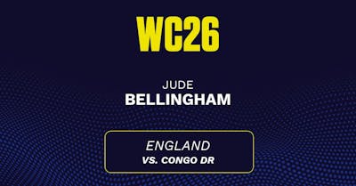 Jude Bellingham's predicted stats vs. Congo DR, including anytime goal projection