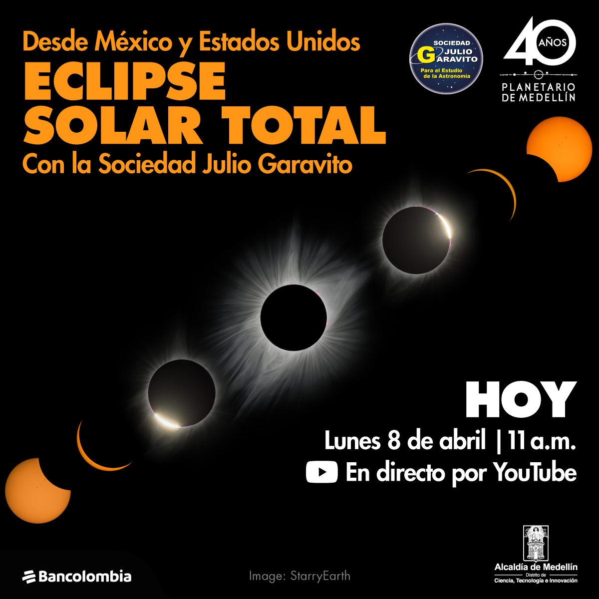 Composición fotográfica. En diagonal, de la esquina inferior izquierda a la superior derecha, varios momentos de un eclipse de sol total. En el centro se ve como se tapa todo el sol. Un texto dice: "Desde México y Estados unidos. Eclipse solar total con la Sociedad Julio Garavito. Hoy, lunes 8 de abril a las once de la mañana. En directo por YouTube"